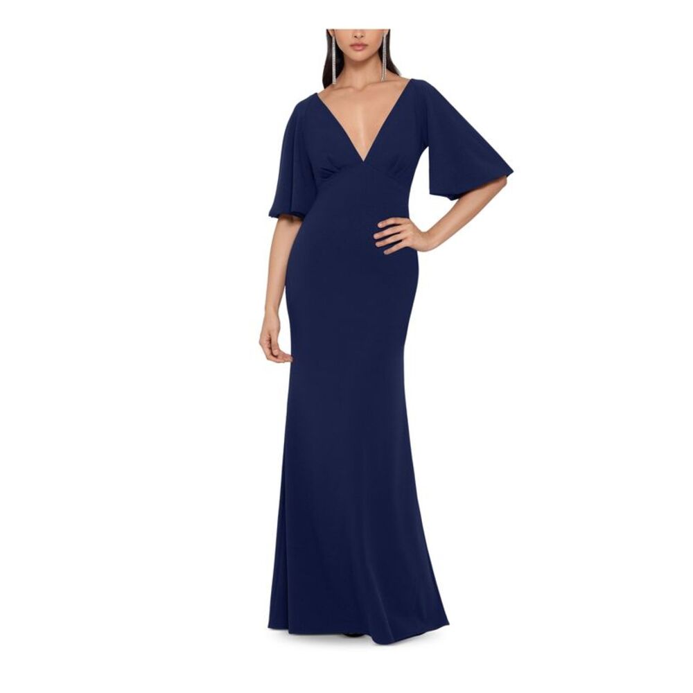 BETSY & ADAM Navy Kimono Sleeve Full-Length Dress 6